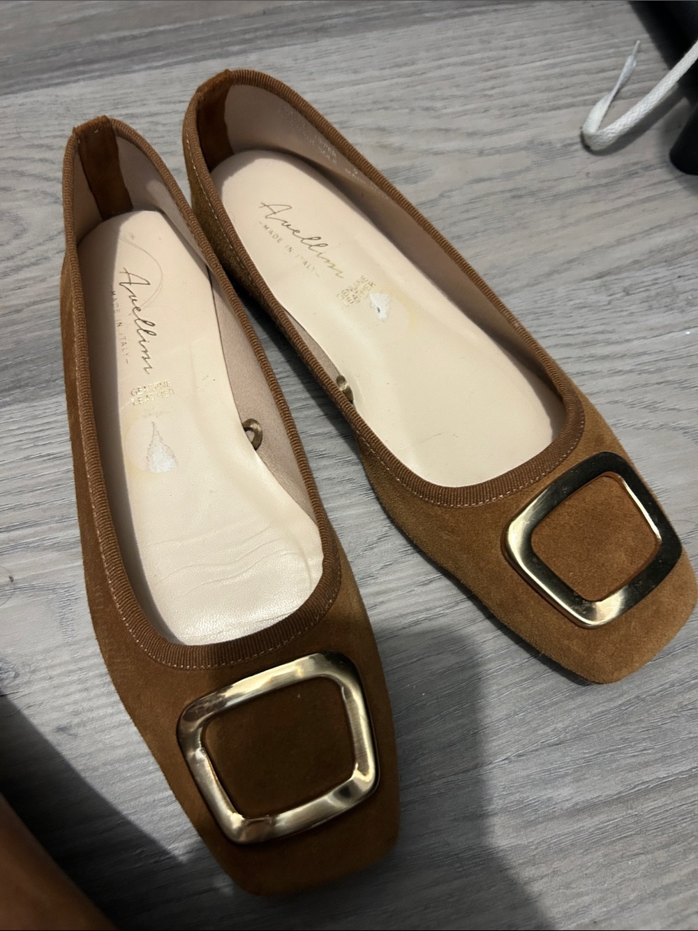 Aurelia Tan Suede Square-Toe Flats with Gold Buckle Accent